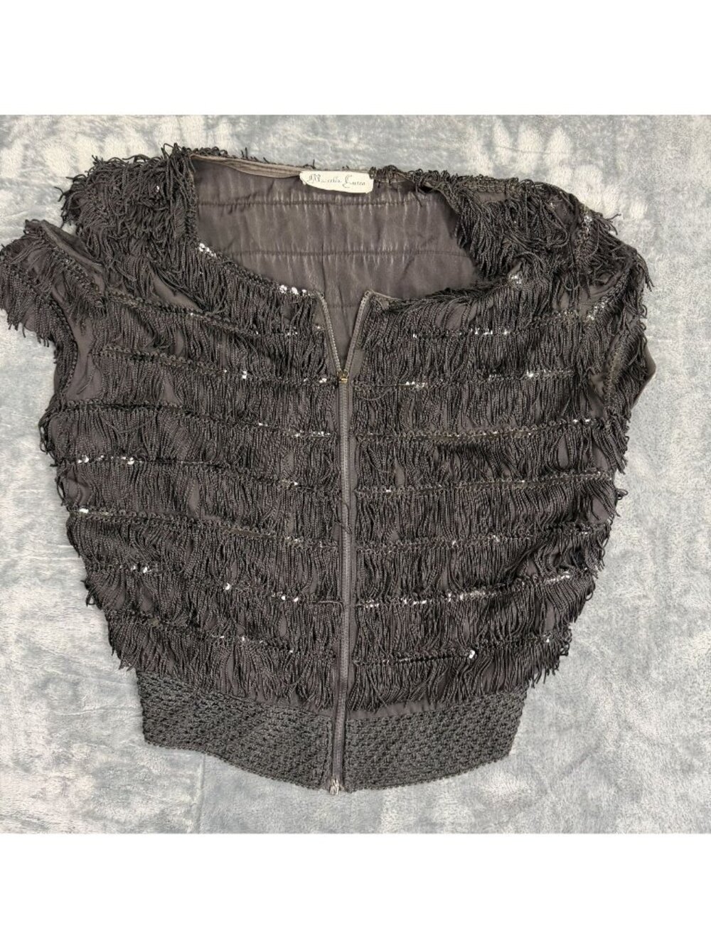 Marcella Luisa Black Fringed & Sequined Cropped Top With Zipper Closure
